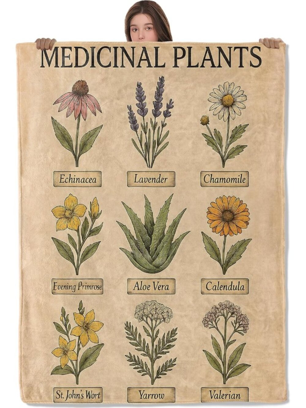 Medicinal Plants Blanket, Comfy & Warm Flannel Vintage Botanical Herb Throw Blan